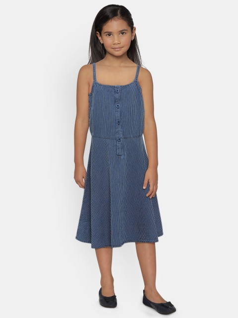 

United Colors of Benetton Girls Navy Blue and White Striped A-Line Dress