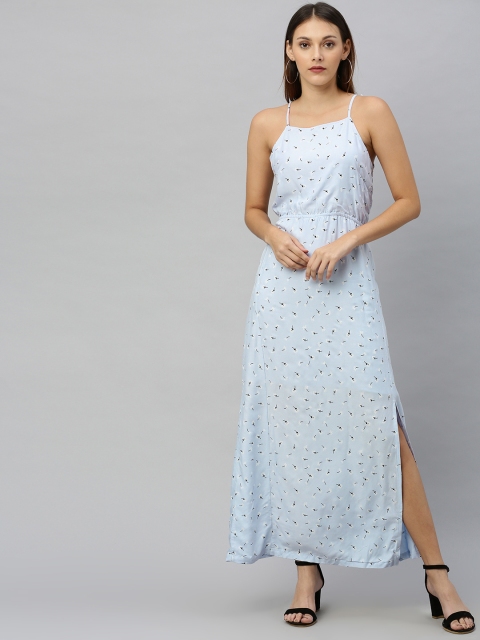 

HERE&NOW Women Blue & Black Printed Gathered Maxi Dress With High Slit