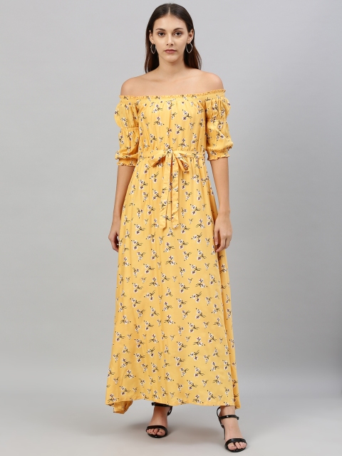 

HERE&NOW Women Mustard Yellow Printed Maxi Dress with Belt