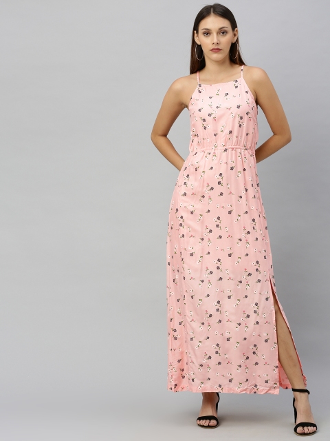 

HERE&NOW Women Pink Printed Gathered Maxi Dress With High Slit