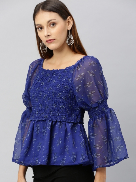 

HERE&NOW Women Blue Printed Smocked Bardot Top With Bell Sleeves