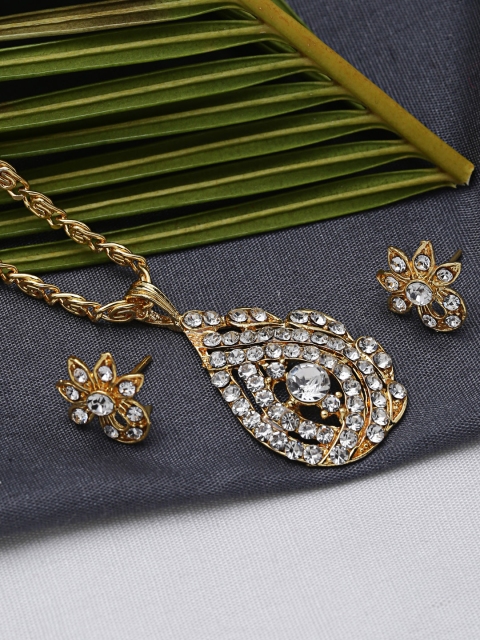 

ZeroKaata Gold-Plated & White Stone Studded Floral Pendant Handcrafted Jewellery Set