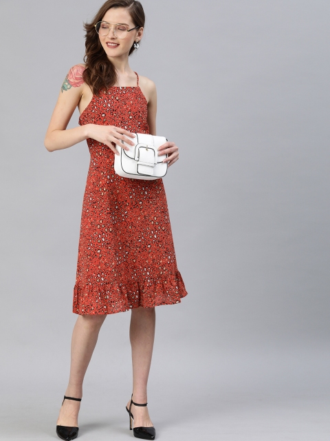

HERE&NOW Women Rust Orange Animal Printed A-Line Dress
