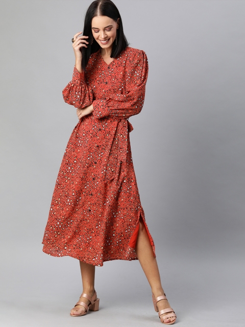 HERE&NOW Women Coral Pink & White Printed Waist Tie-Up A-Line Dress
