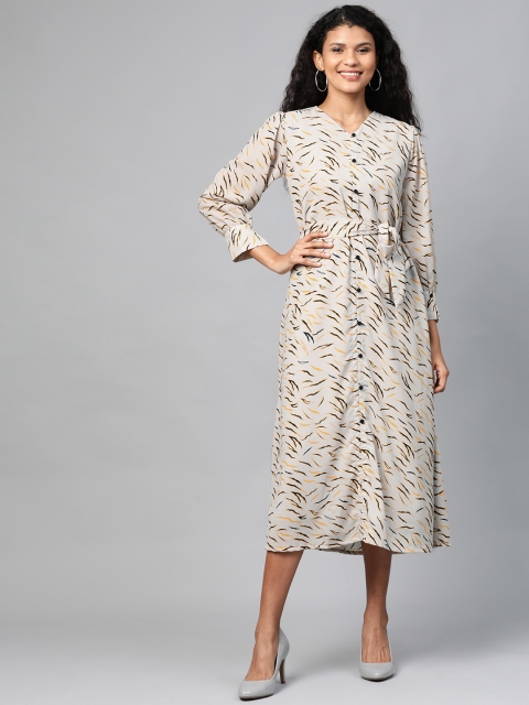 

HERE&NOW Women Grey & Mustard Yellow Printed A-Line Dress