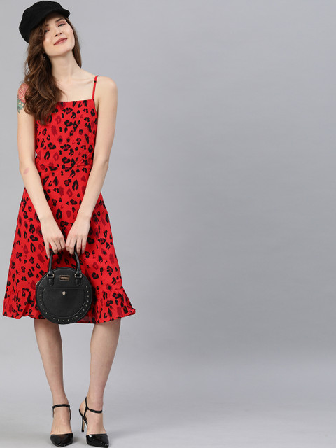 

HERE&NOW Women Red & Black Animal Printed A-Line Dress