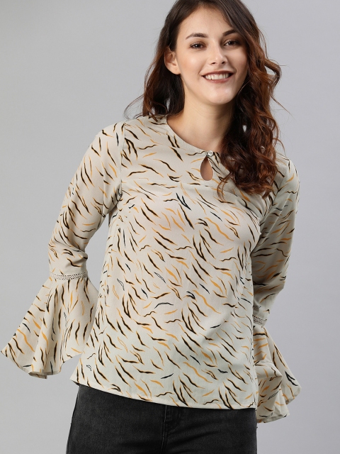 

HERE&NOW Women Off-White & Black Printed Top With Bell Sleeves
