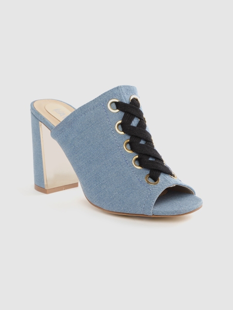 

Lavie Women Blue Solid Denim Heeled Mules with Lace Up Detail