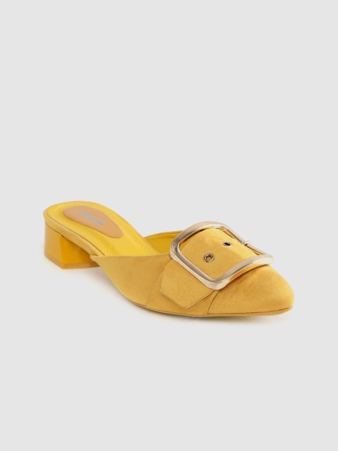 

Lavie Women Mustard Yellow Suede Finish Solid Heeled Mules with Buckle Detail