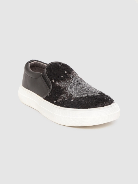 

Lavie Women Black Lace Embroidered Sequinned Slip-On Sneakers