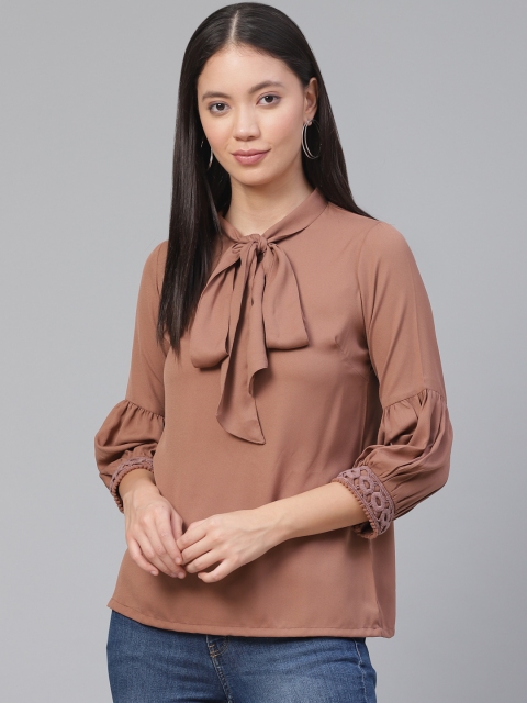 

plusS Women Brown Solid Tie-Up Neck Top
