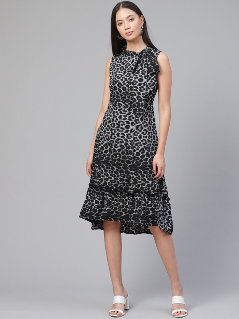 

plusS Women Black & Grey Animal Printed A-Line Dress