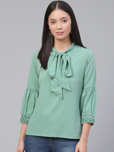 

plusS Women Green Solid Tie-up Neck Top