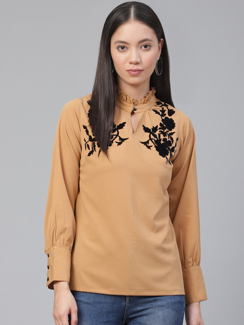 

plusS Women Khaki & Black Embossed Print Detail Top
