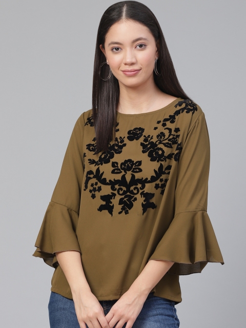 

plusS Women Olive Brown Embossed Print Top