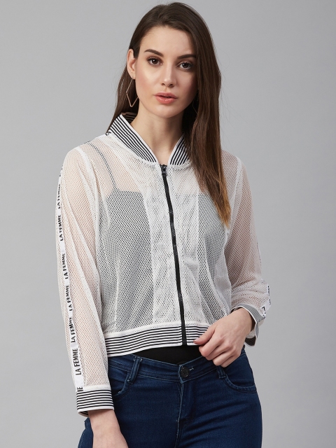 

plusS Women White Solid Mesh Bomber Jacket