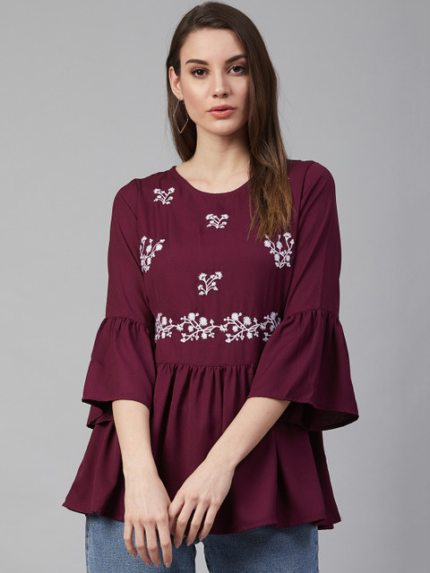 

plusS Women Burgundy & Off-White Embroidered Top