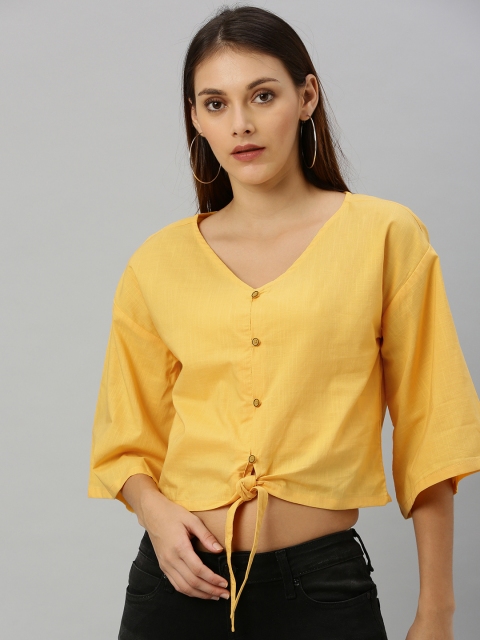 

HERE&NOW Women Mustard Yellow Solid Waist Tie-Up Boxy Pure Cotton Top