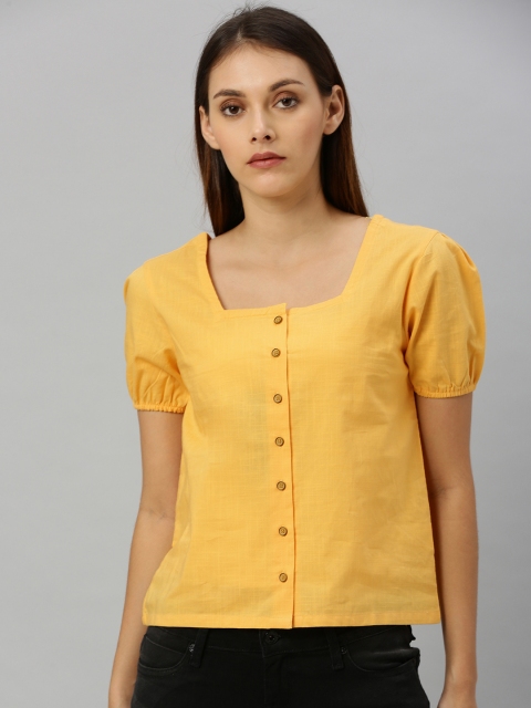 

HERE&NOW Women Mustard Yellow Solid Regular Pure Cotton Top