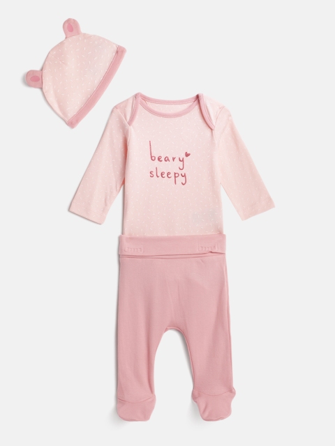 

mothercare Infant Girls Pink Bear Print Bodysuit with Pants & Cap