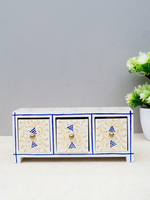 

Golden Peacock Gold-Toned & Blue Handpainted Drawer Wooden Trinklet Box, White