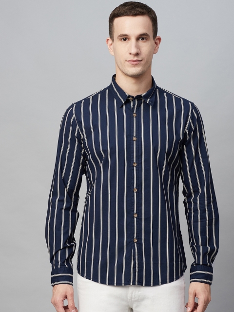

BEAT LONDON by PEPE JEANS Men Navy Blue & Off-White Slim Fit Striped Casual Shirt