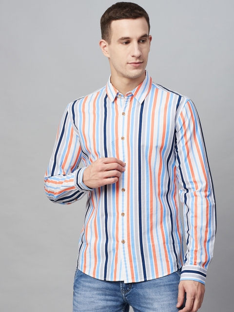 

BEAT LONDON by PEPE JEANS Men White & Blue Slim Fit Striped Casual Shirt