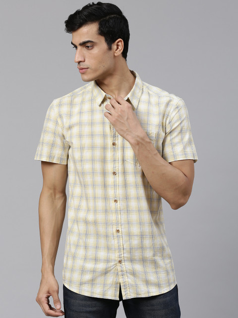 

BEAT LONDON by PEPE JEANS Men Yellow & Blue Slim Fit Checked Casual Shirt