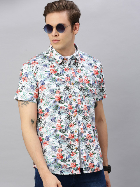 

BEAT LONDON by PEPE JEANS Men White & Green Slim Fit Tropical Printed Casual Shirt