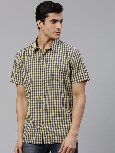

BEAT LONDON by PEPE JEANS Men Yellow & Navy Blue Slim Fit Linen Checked Casual Shirt