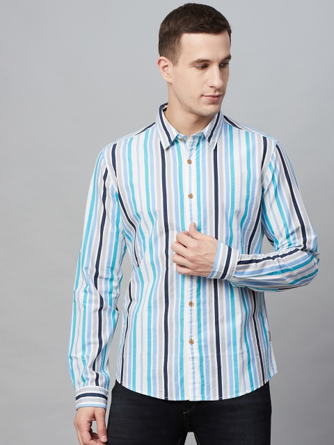 

BEAT LONDON by PEPE JEANS Men White & Sea Green Slim Fit Striped Casual Shirt