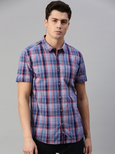 

BEAT LONDON by PEPE JEANS Men Blue & Red Slim Fit Checked Casual Shirt