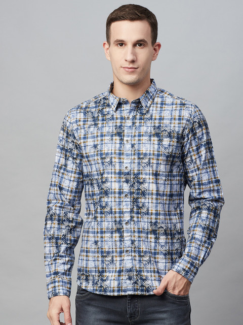 

BEAT LONDON by PEPE JEANS Men Blue & White Slim Fit Checked & Tropical Print Casual Shirt