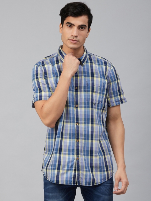 

BEAT LONDON by PEPE JEANS Men Blue & Off-White Slim Fit Checked Casual Shirt