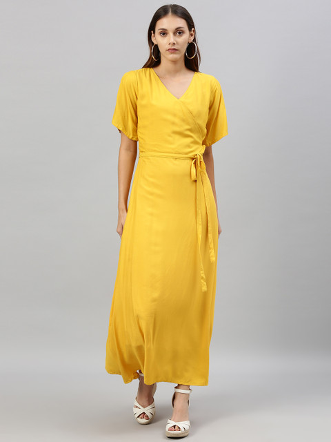 

HERE&NOW Women Mustard Yellow Solid Wrap Dress with Belt