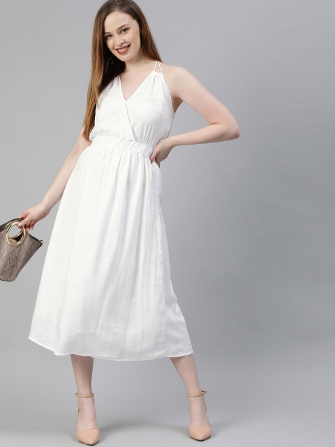 

HERE&NOW Women White Solid Gathered Halter Neck Fit and Flare Dress