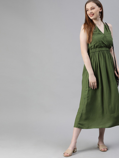 

HERE&NOW Women Olive Green Solid Gathered Halter Neck Empire Dress