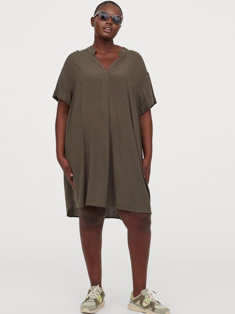 

H&M+ Women Olive Green Solid V-Neck Sustainable Dress