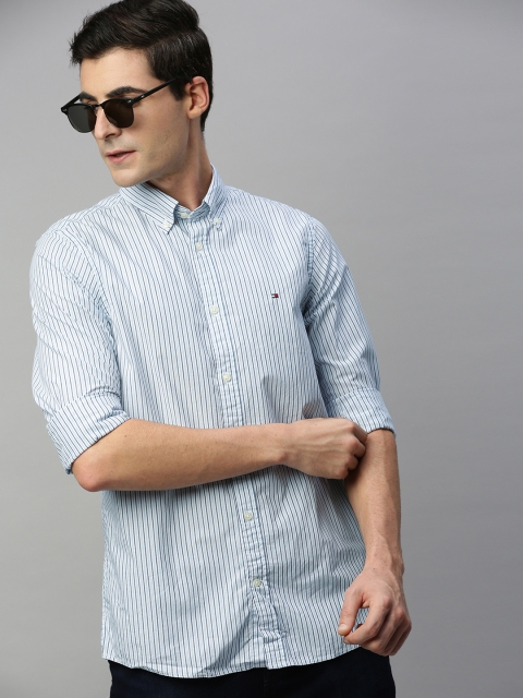 

Tommy Hilfiger Men White & Navy Blue Slim Fit Striped Casual Shirt