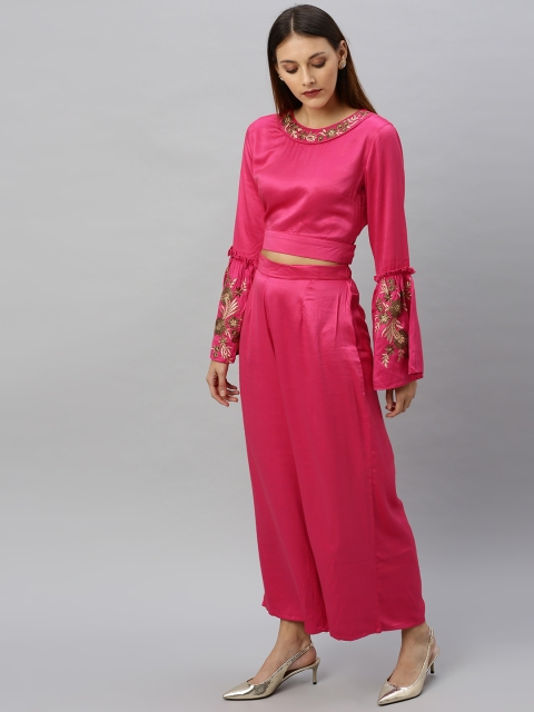 

Anouk Women Fuchsia Pink & Golden Embroidered Top with Palazzos