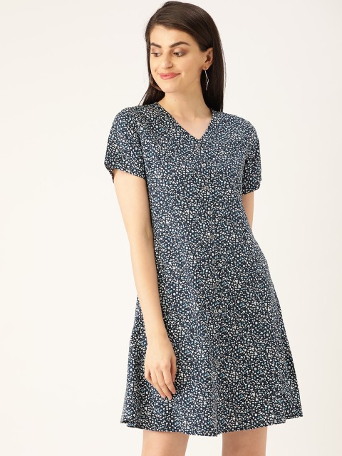 

her by invictus Women Navy Blue & White Printed A-Line Dress