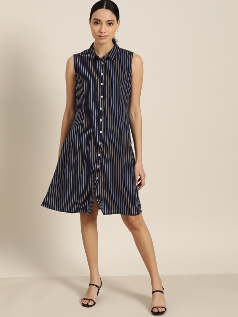 

her by invictus Women Navy & Mustard Yellow Striped Shirt Dress, Navy blue