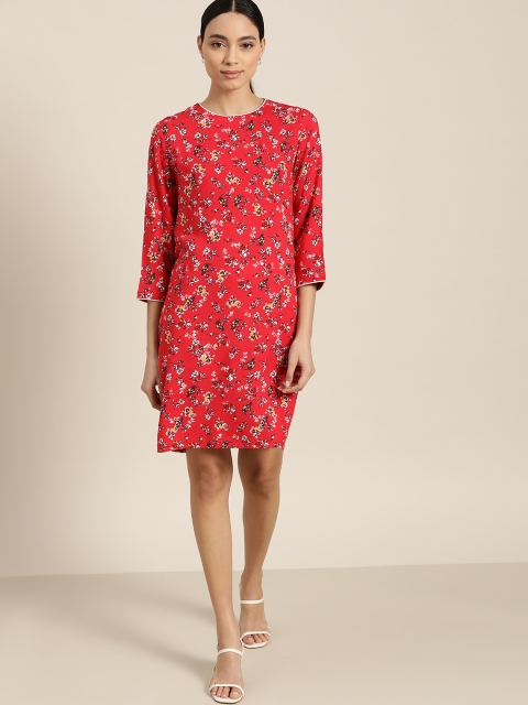 

her by invictus Women Red & Navy Floral Print Shift Dress