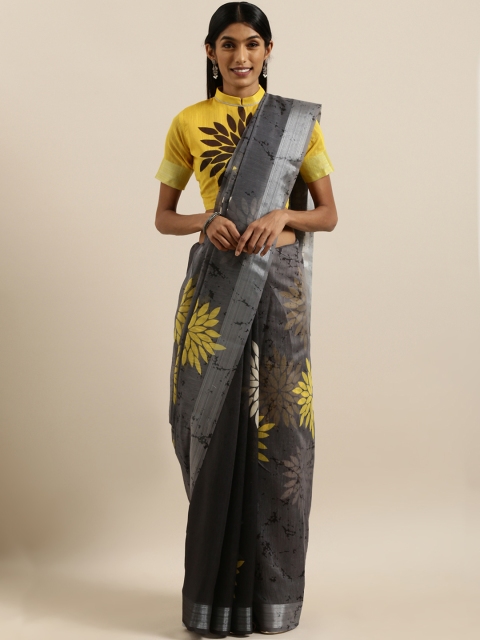 

SHAVYA Charcoal Grey & Mustard Yellow Linen Blend Digital Floral Printed Saree