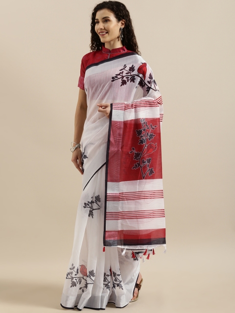 

SHAVYA White & Red Linen Blend Printed Saree