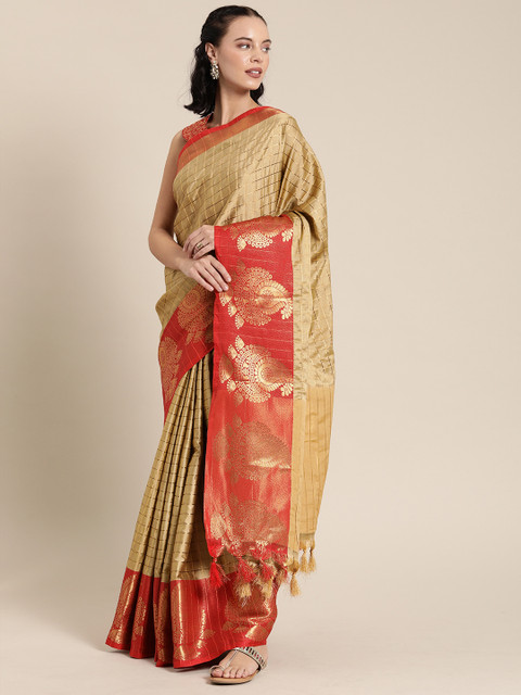 

SHAVYA Beige & Red Pure Silk Woven Design Saree With Heavy Designed Blouse Piece