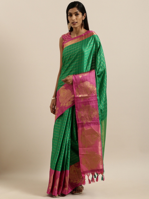 

SHAVYA Green & Golden Pure Silk Checked Banarasi Saree