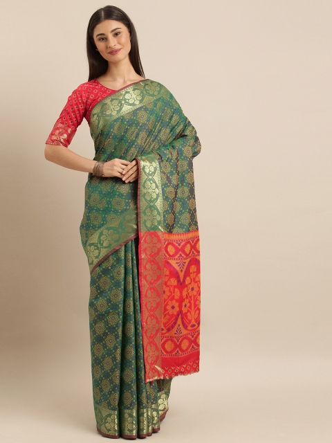

SHAVYA Green & Red Pure Silk Woven Design Patola Saree