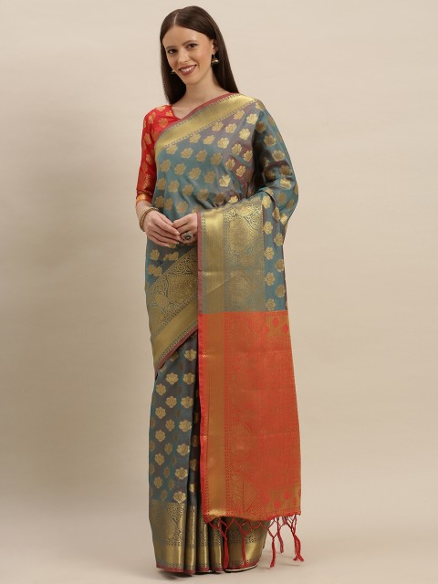 

SHAVYA Grey & Red Pure Silk Woven Design Banarasi Saree