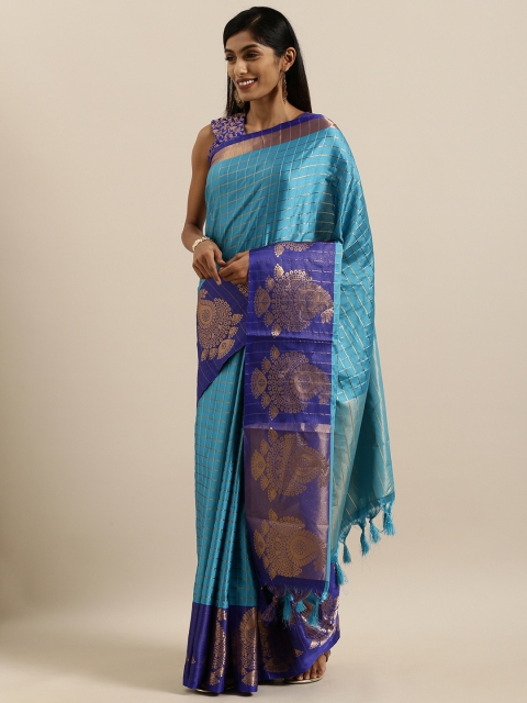 

SHAVYA Turquoise Blue & Golden Pure Silk Checked Banarasi Saree